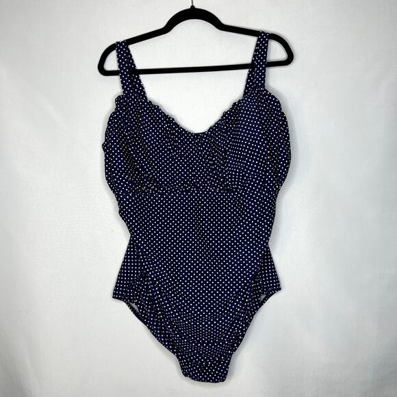 Womans Marilyn Monroe Blue Polkadot Swimsuit One piece Tummy Control Size 22 W - Picture 1 of 10